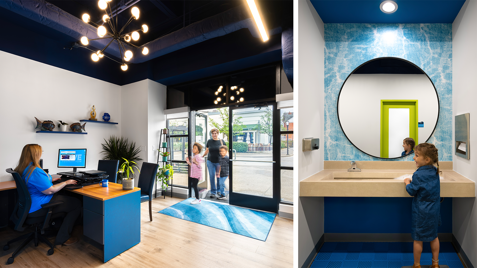 Left image is a mom and her two kids entering the WAVE office, a woman sits at the desk ready to greet them. Right image is a very excited young girl at the hand washing station.