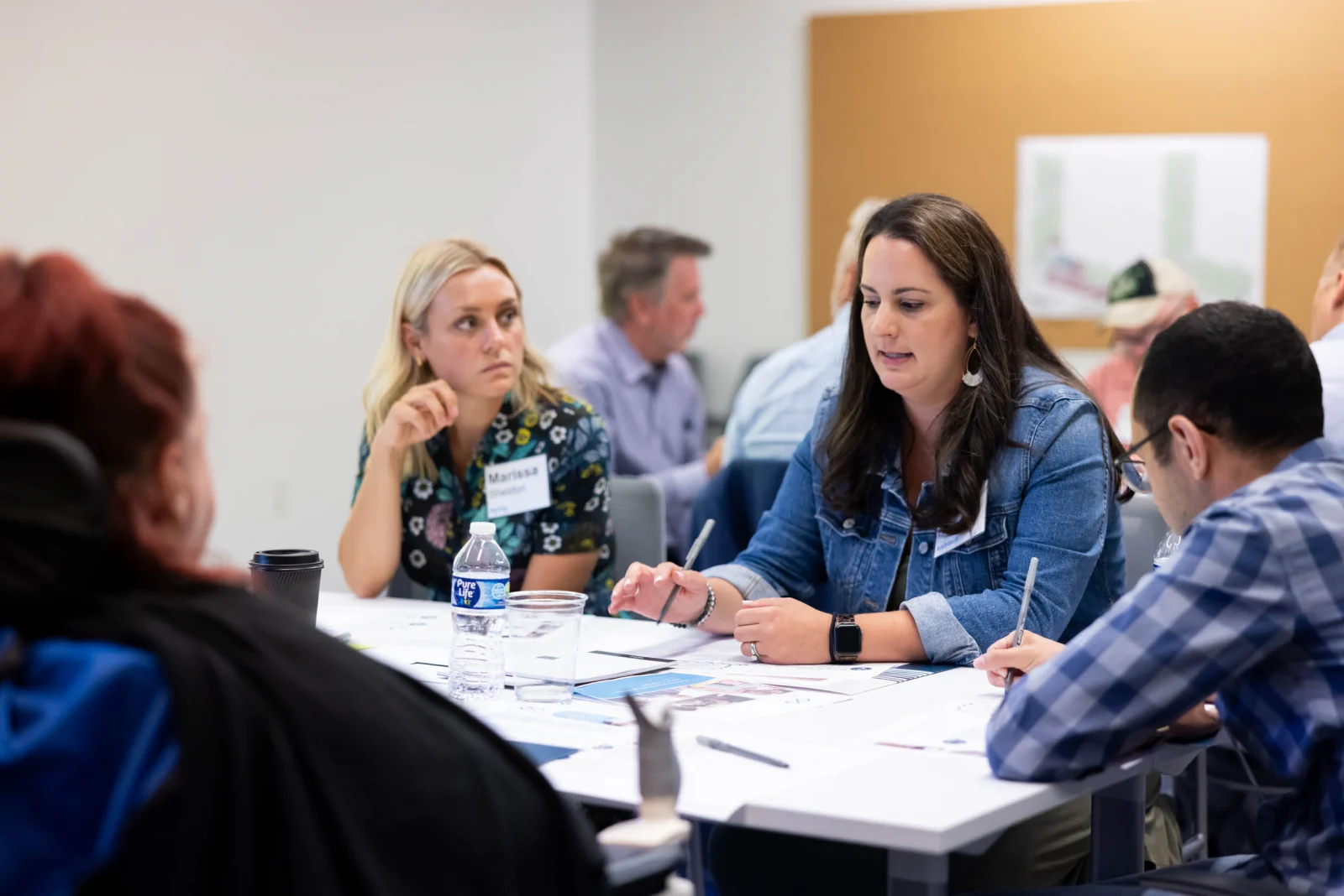 Group talking at a table. Susan Hinz leading discussion.